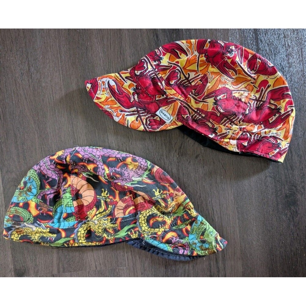Lot Of 2 Rasco Sz 7 1/8 Colorful Work Welder Printed Welding Cap dragon Crawfish